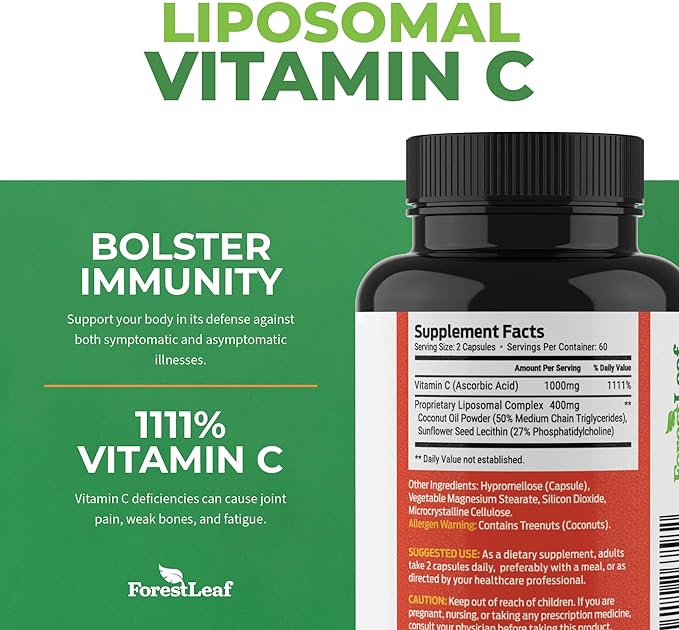 ForestLeaf Liposomal Vitamin C 1000mg Capsules - High Absorption Fat Soluble Vit C, Immune Booster with MCT Oil and Sunflower Lecithin, Powerful Antioxidant vitamin c Supplement, 120 Vegan Pills