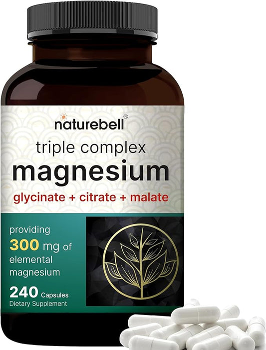 Triple Complex Magnesium Supplement, 240 Capsules | Magnesium Glycinate 500mg with Citrate & Malate | Chelated & Purified | Bone, Heart, & Muscle Support | Non-GMO