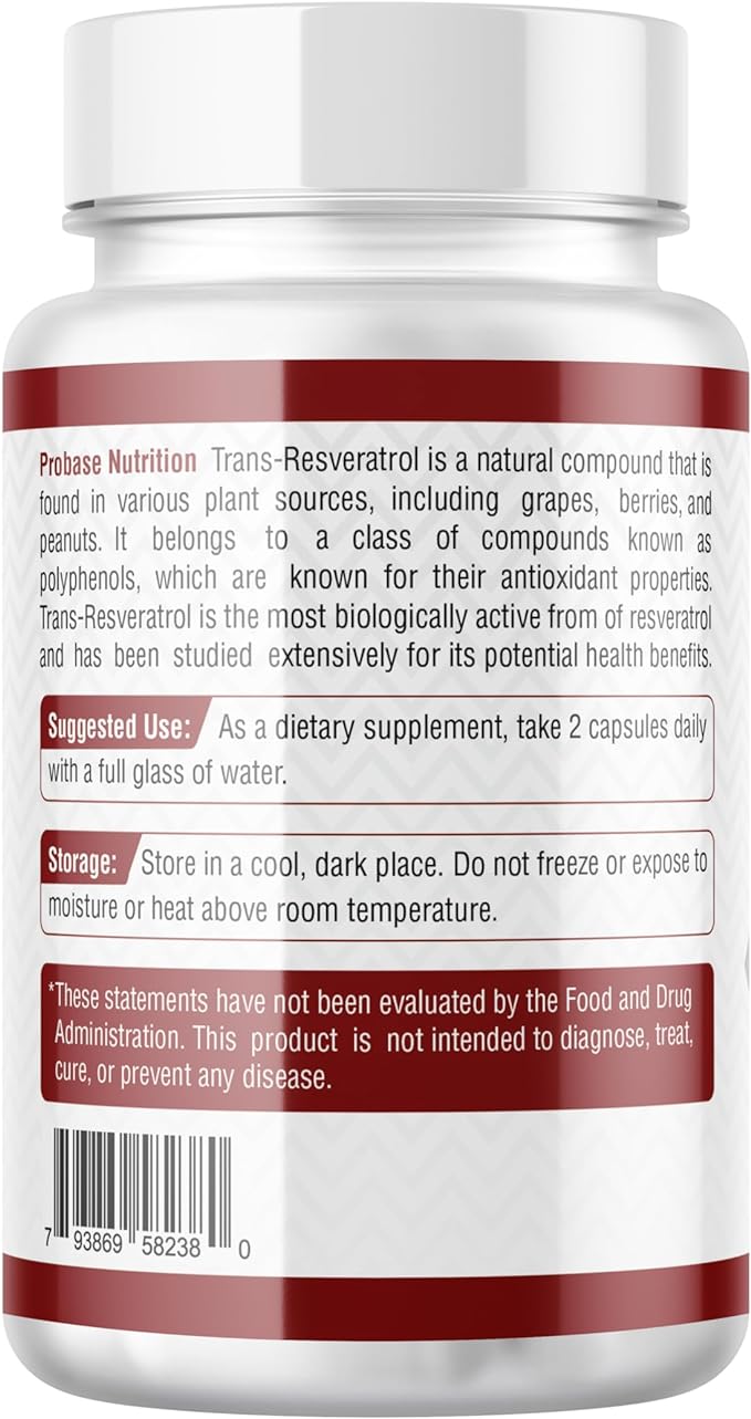 Ultra High Purity Resveratrol Capsules - 98% Trans-Resveratrol - Highly Purified and Bioavailable - 180 Caps Resveratrol Supplement