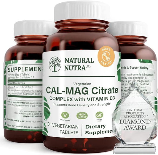 Natural Nutra Cal-Mag Citrate with Vitamin D3,1000/500 mg Complex, Strengthen Bone Density, Muscle and Nerve Health, Highly Bioavailable Sources, 100 Vegan Tablets