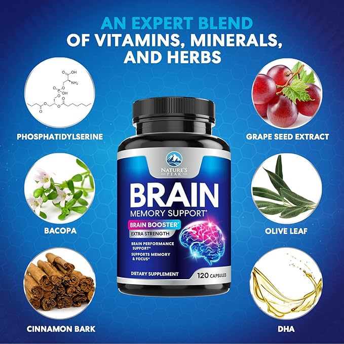 Brain Supplement for Memory and Focus, Nootropic Support for Concentration, Clarity, Energy, Brain Health with Bacopa, Cognitive Vitamins, Phosphatidylserine, DMAE, Brain Booster - 120 Capsules