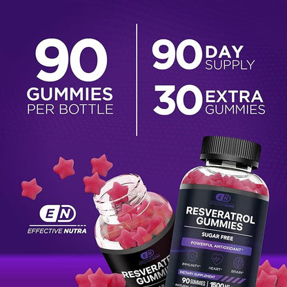 Resveratrol Gummies 1500mg - Sugar Free Resveratrol Supplement for Antioxidant Support, Immunity, Heart Health, Brain Function - Natural Raspberry Watermelon Flavor (90 Count)