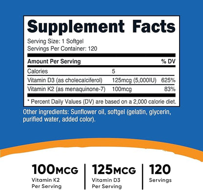 Nutricost Vitamin K2 (MK7) (100mcg) + Vitamin D3 (5000 IU) 120 Softgels - Gluten Free and Non-GMO