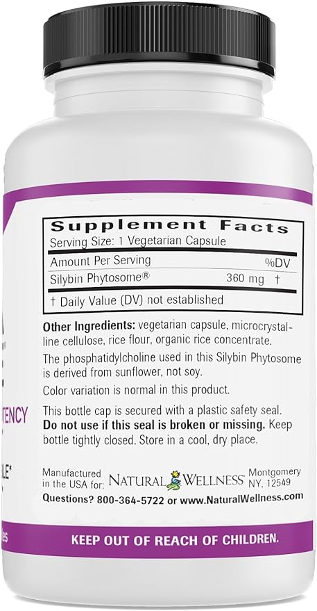 Natural Wellness Herbal Liver Cleanse & Detox Milk Thistle Formula - UltraThistle® Pure Silybin Phytosome and Phosphatidylcholine Patented Formula (No Soy) - 1080mg - 30 Day Supply