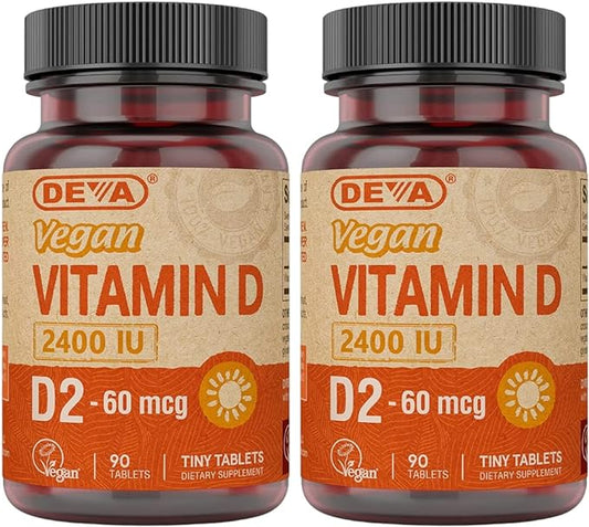 DEVA Vegan Vitamin D2 60 mcg 2400 IU, Ergocalciferol Supplement with No Animal Ingredients, 90 Tablets, 2-Pack