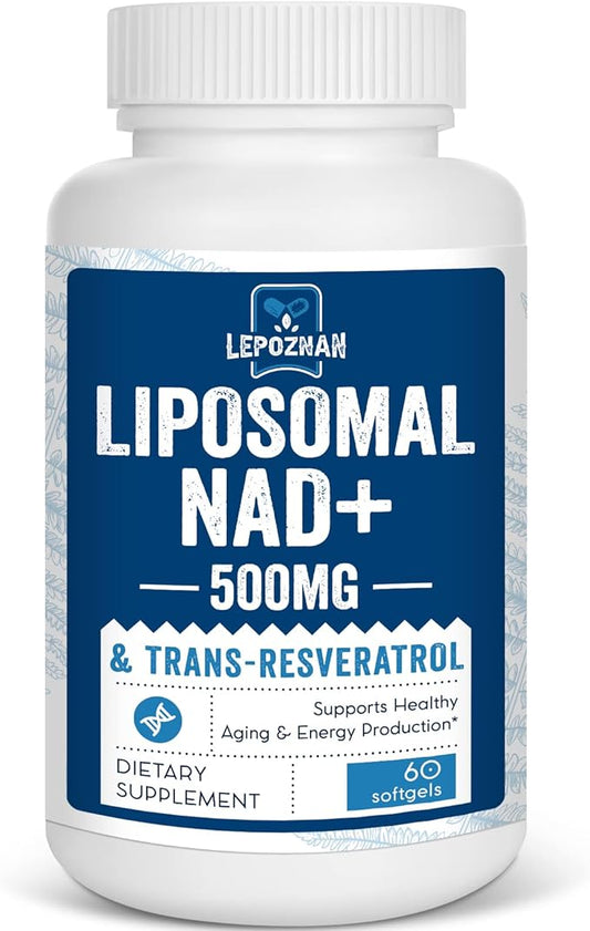 Liposomal NAD+ 500 mg + Trans-Resveratrol 300 mg, Superior Absorption True NAD Supplement Efficient for Cellular Energy Metabolism & DNA Repair, 60 Softgels