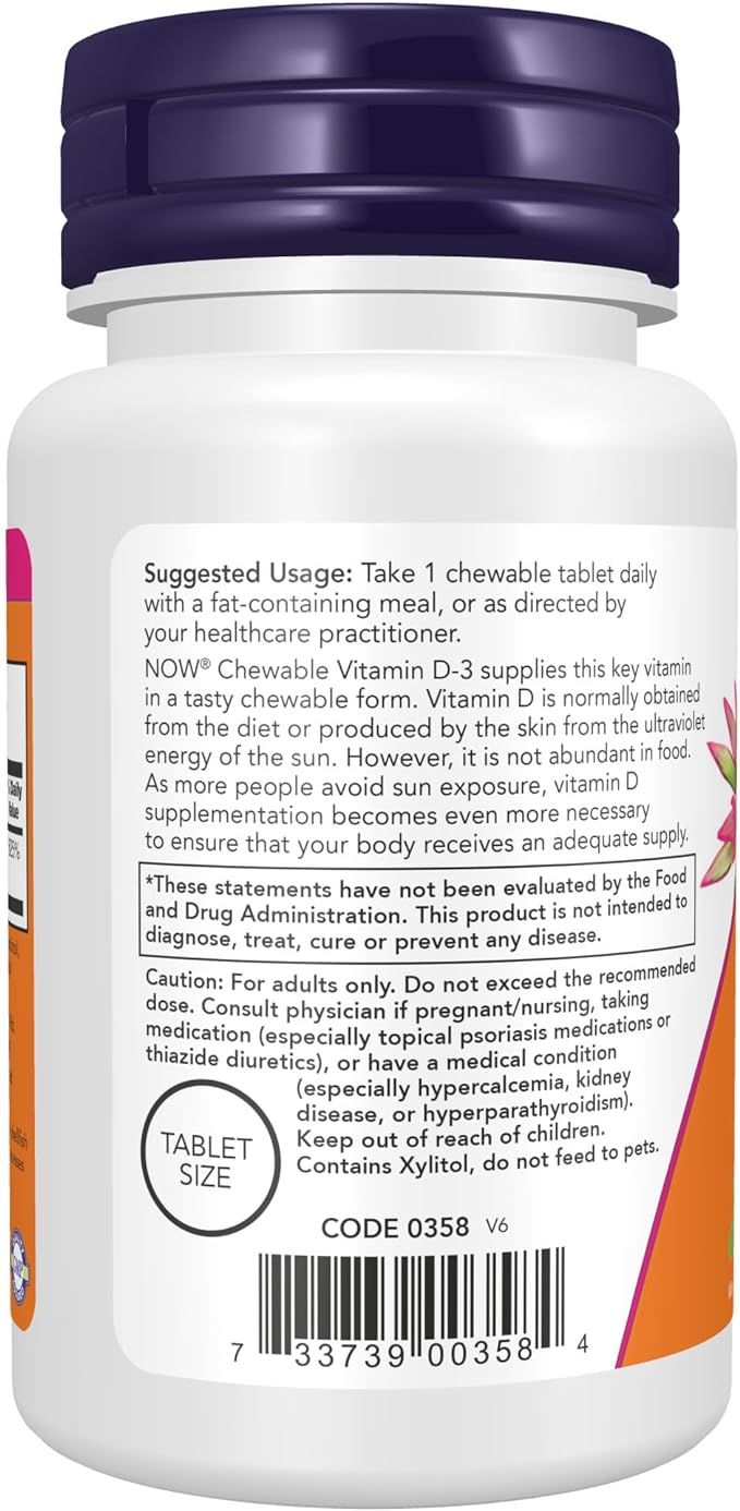 NOW Supplements, Vitamin D-3 5,000 IU, Natural Mint Flavor, Structural Support*, 120 Chewables