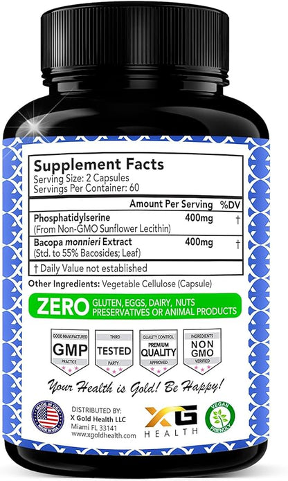 PhosphatidylSerine & Bacopa Monnieri 400 mg 2 in 1 Supplement - Natural Brain Enhancer/Nootropic for Enhanced Focus and Concentration, Memory Support, & Cognitive Function - 120 Vegetarian Capsules