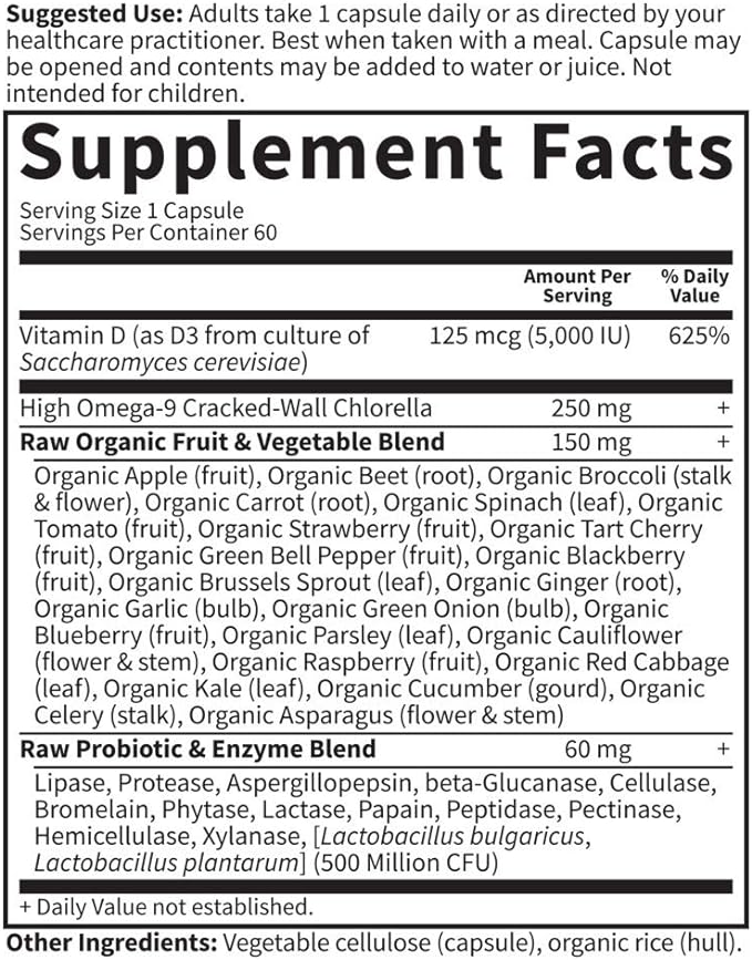 Garden of Life Vitamin D, Vitamin Code Raw D3, Vitamin D 5,000 IU, Raw Whole Food Vitamin D Supplements with Chlorella, Fruit, Veggies & Probiotics for Bone & Immune Health. 60 Vegetarian Capsules