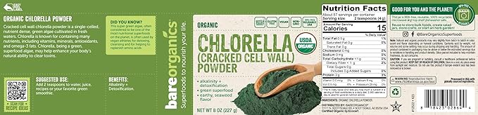 BareOrganics 12522 USDA Organic Chlorella Powder, Superfood Powder, Dietary Supplement, 8 Ounce