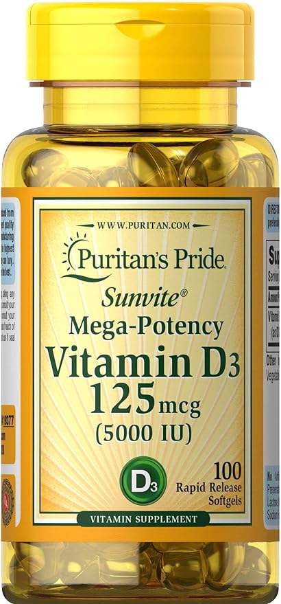 Puritan's Pride Vitamin D3 Mega Potency 5000 IU Bolsters Immune Health System Support and Healthy Bones & Teeth, Unflovored, 100 Count