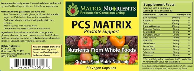 PCS Matrix - Lower PSA Levels - See Our LAB Results! - 100% Natural Ingredients: Saw Palmetto, Rabdosia, Scute, Plantago Focium, Chrysantaomum, Ganoderma, Lotus Seed - Vegan Capsules (60ct)