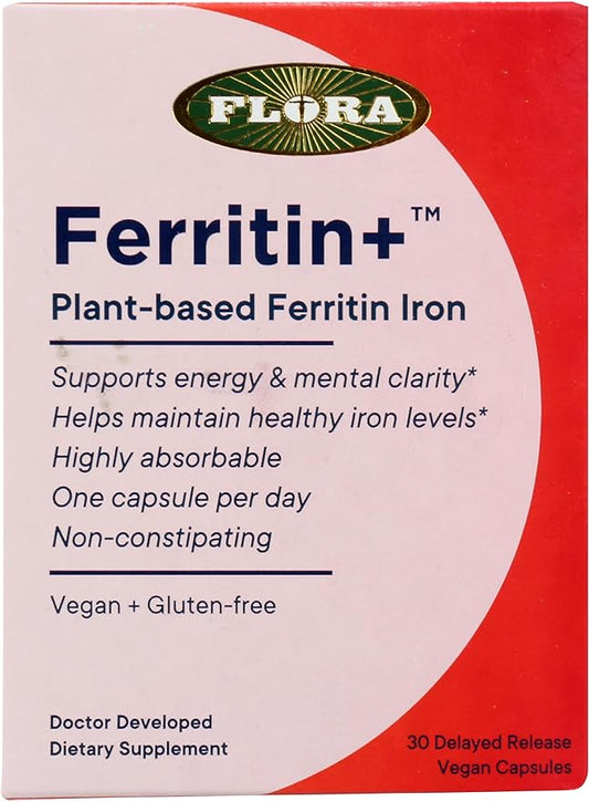 Flora Ferritin+, Plant-Based Ferritin Iron Dietary Supplement, Vegan Friendly, Gluten Free, 30 Vegan Capsules (Pack of 1)