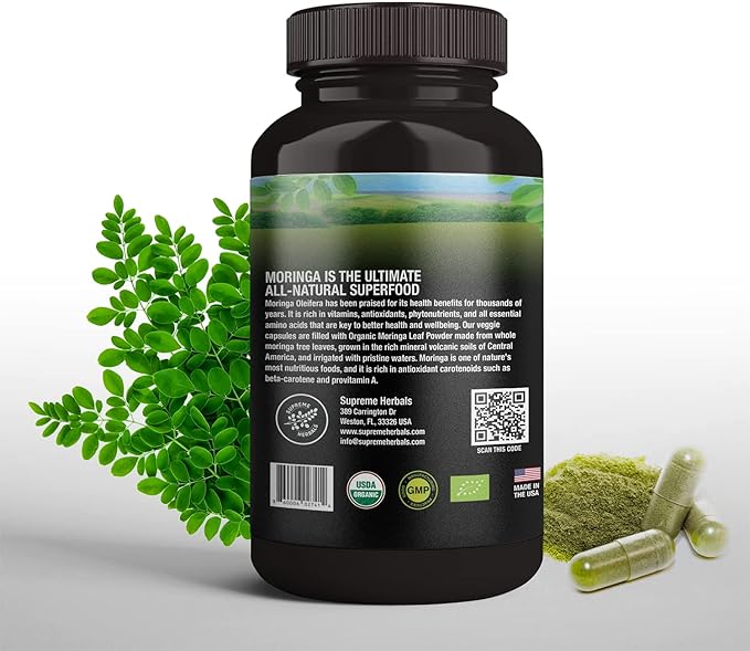 100% Raw and Pure Moringa Leaf Powder Capsules. Organic Certified Moringa Leaf. Natural Superfood with Essential Amino Acids, Antioxidants and Omega 3, 500mg, 120 Capsules.