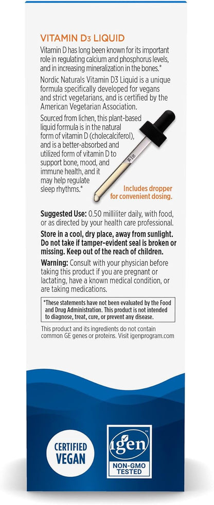 Nordic Naturals Plant-Based Vitamin D3 Liquid - 1 oz - 1000 IU Vitamin D3 - Healthy Bones, Mood & Immune System Function - Non-GMO, Vegan - 60 Servings