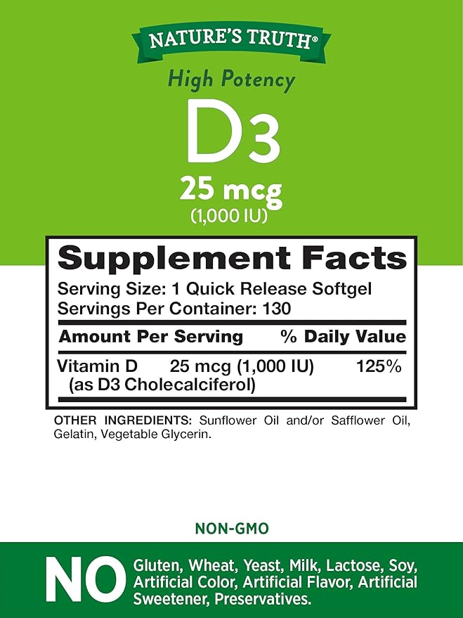 Vitamin D3 1000 IU | 130 Softgels | High Potency D | Non-GMO, Gluten Free, Soy Free | by Nature's Truth