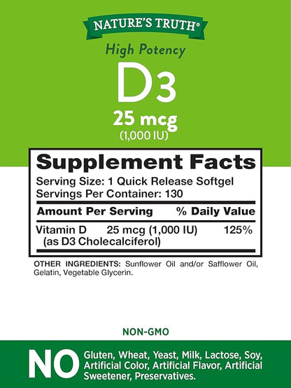 Vitamin D3 1000 IU | 130 Softgels | High Potency D | Non-GMO, Gluten Free, Soy Free | by Nature's Truth