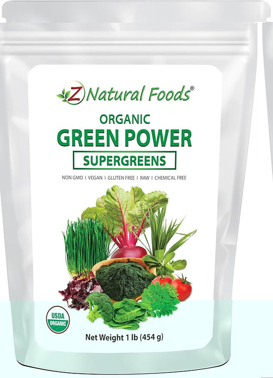 Z Natural Foods Organic Greens Superfood Powder - Barley Grass, Wheatgrass, Spirulina, Spinach, Broccoli, Alfalfa Leaf, Beet Root, Tomato, Dulse & Moringa - Raw Vegan Gluten Free - 1lb