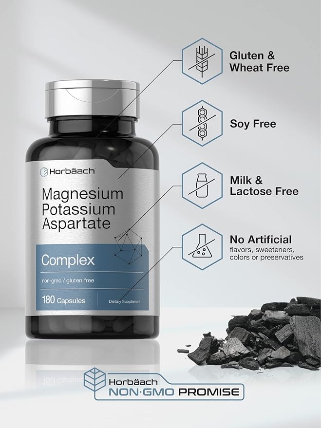 Horbäach Magnesium Potassium Aspartate Complex | 180 Capsules | Non-GMO and Gluten Free Formula