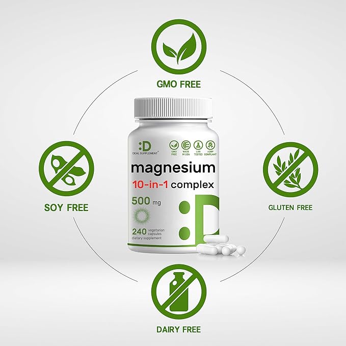 Magnesium Complex Supplement – 10 in 1 – Glycinate, Citrate, Malate, & More – High Bioavailable Chelated Minerals – Veggie Capsules