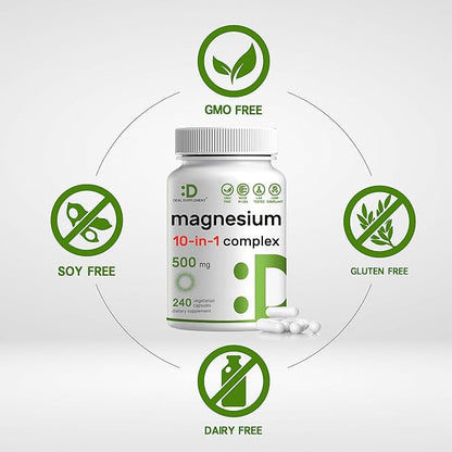 Magnesium Complex Supplement – 10 in 1 – Glycinate, Citrate, Malate, & More – High Bioavailable Chelated Minerals – Veggie Capsules