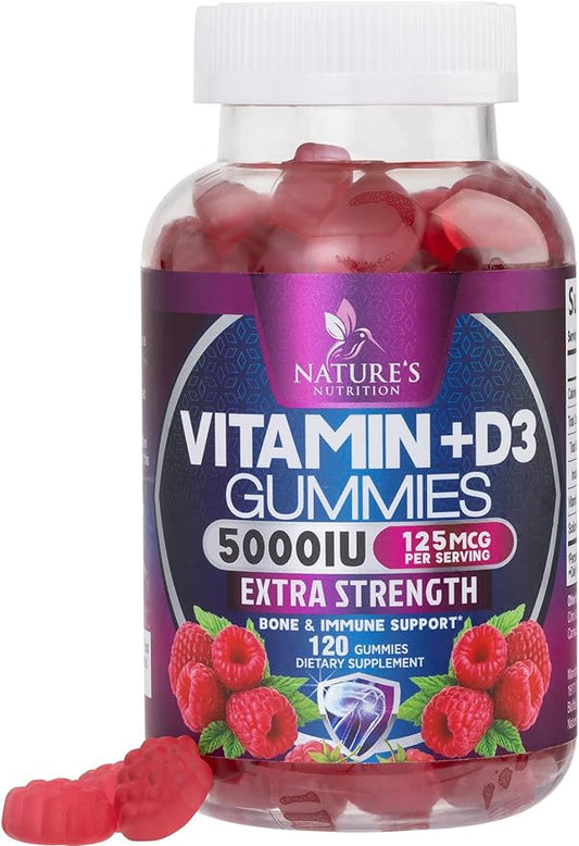 Vitamin D3 Gummies 5,000 IU 125 mcg - Extra Strength to Support Bone Health and Natural Immune Support - Delicious, Non-GMO, Tasty Gummy for Children, Adults, and Seniors - 120 Gummies