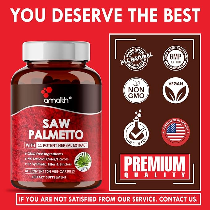 Premium Saw Palmetto Capsule-5750 mg Extra Strength Formulated with Ashwagandha, Tribulus, Ginger, Maca, Holy Basil and More Natural Prostate Support, 90 Capsule