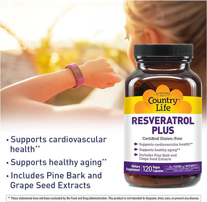 Country Life Resveratrol Plus, Supports Cardiovascular Health, 120 Vegan Capsules, Certified Gluten Free, Certified Vegan, Non-GMO Verified