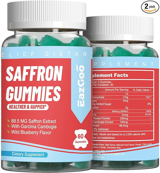 Saffron Supplements Gummies, Saffron Extract for Positive Mood & Calm Nerve, Boost Energy, with Garcinia Cambogia, Vitamin A, B12, Rhodiola Rosea - 120 Gummies