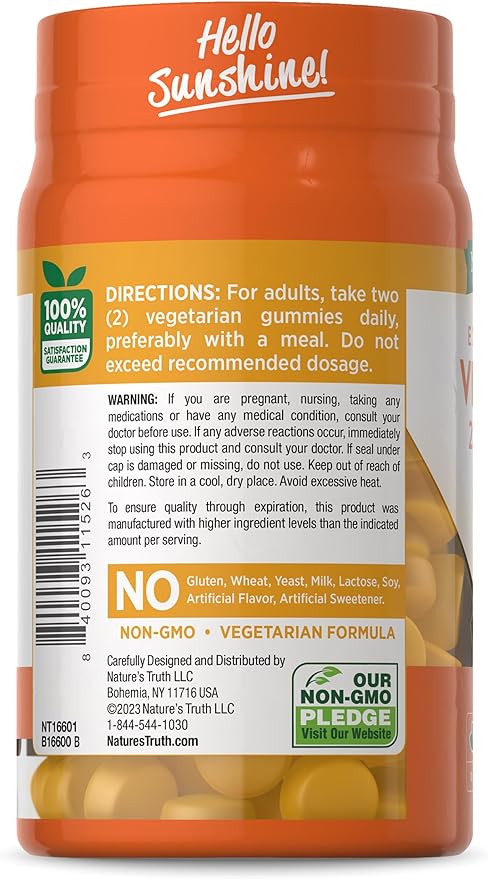 Nature's Truth Vitamin D3 Gummies | 2000 IU | 70 Count | Pineapple Flavor | Vegetarian, Non-GMO and Gluten Free Supplement