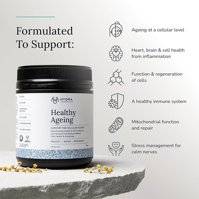 Healthy Ageing Supplement Powder, Anti-Ageing Effects, Contains Quercetin, Resveratrol and Nrf2 Activators, Antioxidants Rich Nutrient-Dense, Non-GMO, Vegan (180 Grams (30 Servings)