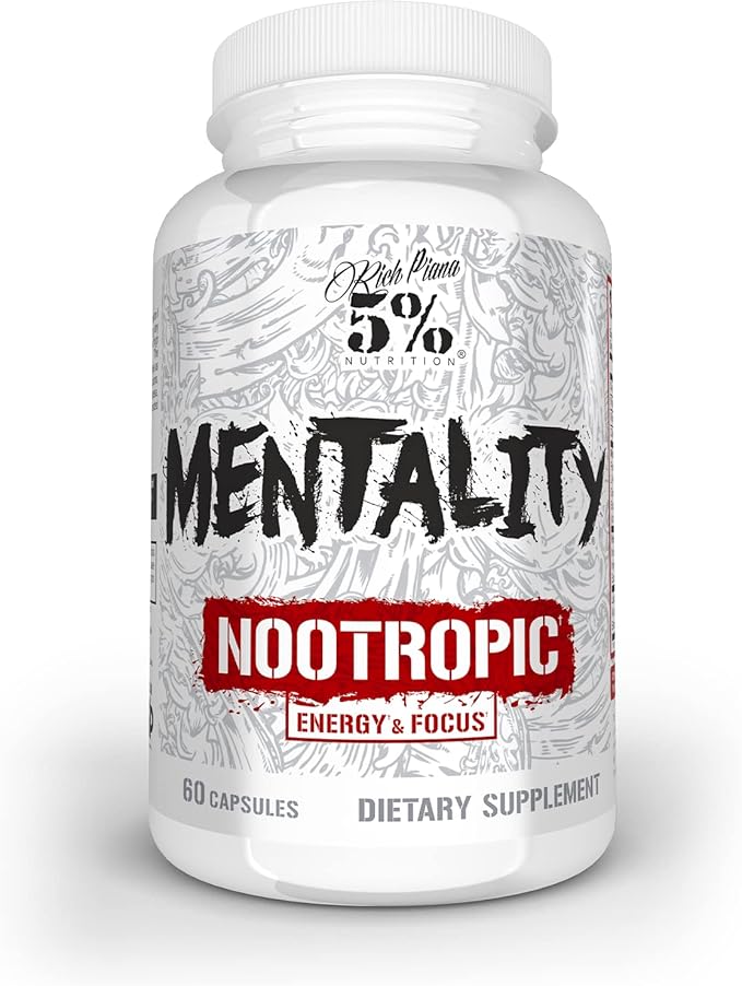 5% Nutrition Rich Piana Mentality Nootropic Blend | Brain Booster Supplement for Performance, Memory, Mental Clarity | Ginseng, Ginkgo, L-Theanine, Choline, Huperzine, 60 Capsules (30 Day Supply)