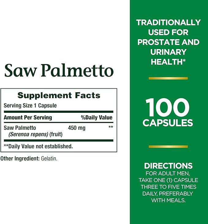 Nature's Bounty Saw Palmetto, Herbal Health Supplement, Prostate and Urinary Health, 450 mg, 100 Capsules