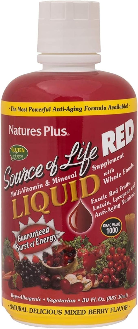 Natures Plus Source of Life RED Multivitamin Liquid - 30 oz - Energy & Immune Support - with Exotic Red Fruits, Lycopene & Lutein - Vegetarian & Gluten Free - 30 Servings