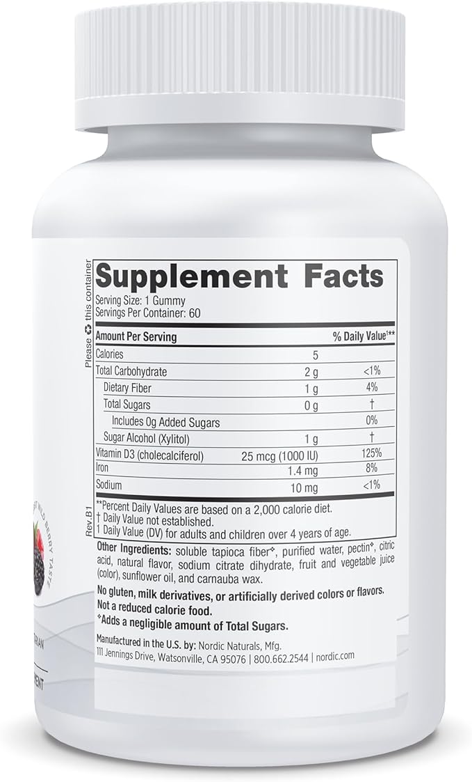 Nordic Naturals Zero Sugar Vitamin D3 Gummies, Wild Berry - 60 Gummies - 1000 IU Vitamin D3 - Great Taste - Healthy Bones, Mood & Immune System Function - Non-GMO - 60 Servings