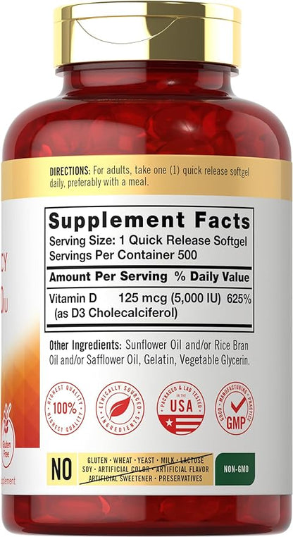 Carlyle Vitamin D3 5000 IU Softgels | 500 Count | Value Size | Non-GMO and Gluten Free Supplement | High Potency Formula | 125mcg