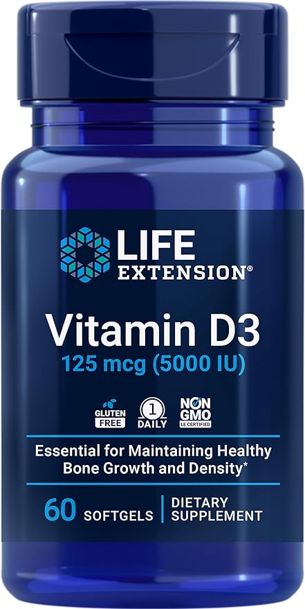 Life Extension Vitamin D3 5000 IU, Ashwagandha - Stress Relief, Focus, Memory, Mood Support - Non-GMO Supplement Bundle