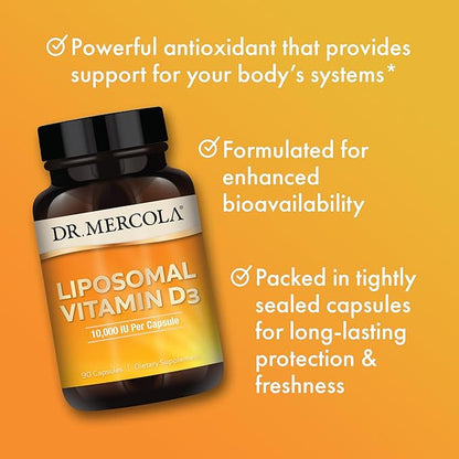 Dr. Mercola Liposomal Vitamin D3, 10,000 IU Per Serving, 90 Servings (90 Capsules), Dietary Supplement, Supports Immune and Bone Health, Non GMO