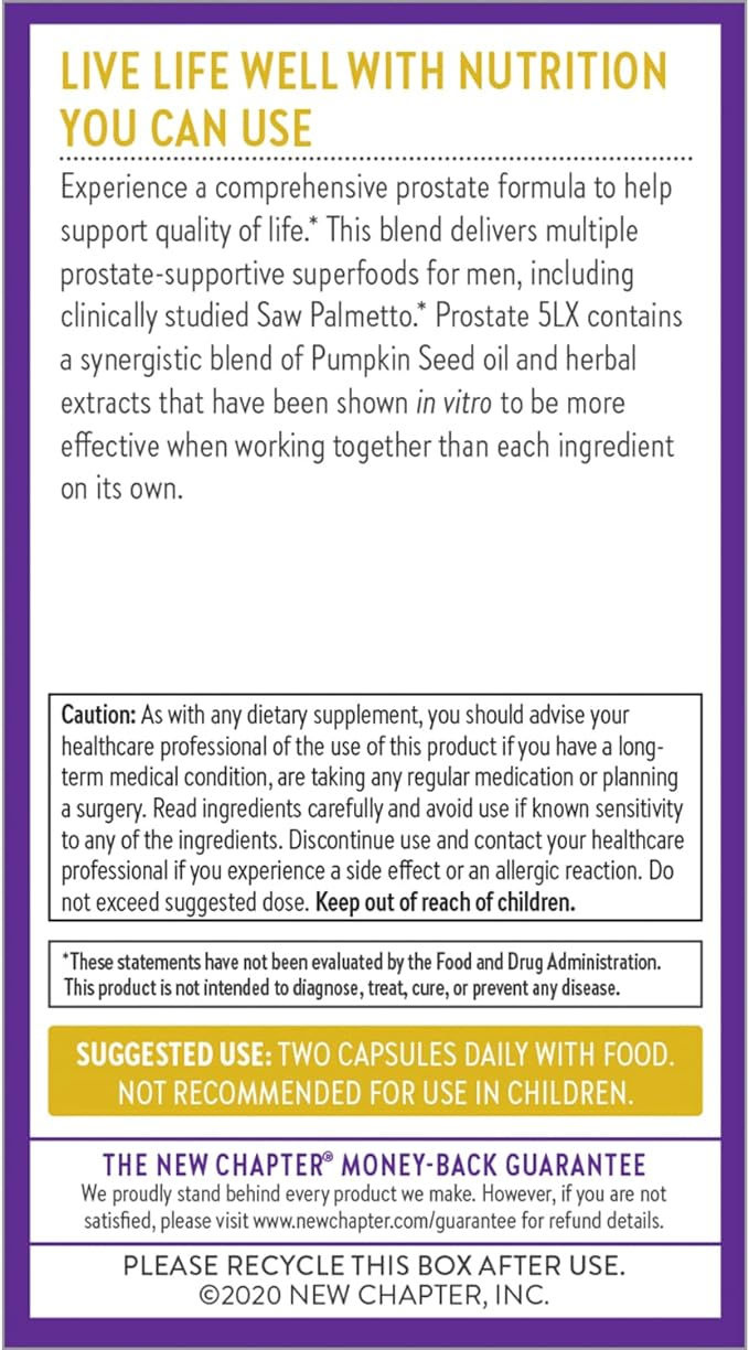 New Chapter Prostate Supplement - Prostate 5LX™ with Clinical Strength Saw Palmetto + Fermented Selenium for Prostate Health - 120 ct Vegetarian Capsule