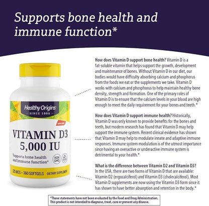 Healthy Origins Vitamin D3 (Lanolin) 5,000 IU - Bone Health and Immune Support Supplement - Easily Absorbable Vitamin D Supplements - Gluten-Free Vitamin D3 Supplement - 360 Softgels