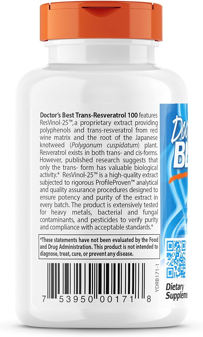 Doctor's Best, Trans-Resveratrol with Resvinol, Non-GMO, Vegan, Gluten Free, Soy Free, 100 mg, 60 Veggie Caps (DRB-00171)