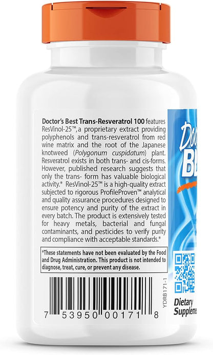 Doctor's Best, Trans-Resveratrol with Resvinol, Non-GMO, Vegan, Gluten Free, Soy Free, 100 mg, 60 Veggie Caps (DRB-00171)