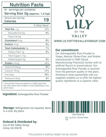 LILY OF THE VALLEY Ashwagandha Root Powder - Withania Somnifera - Sourced from India - No Filler No Additives - Indian Ginseng Vegan & Gluten Free - Packed in Resealable Pouch (16oz, 453g)