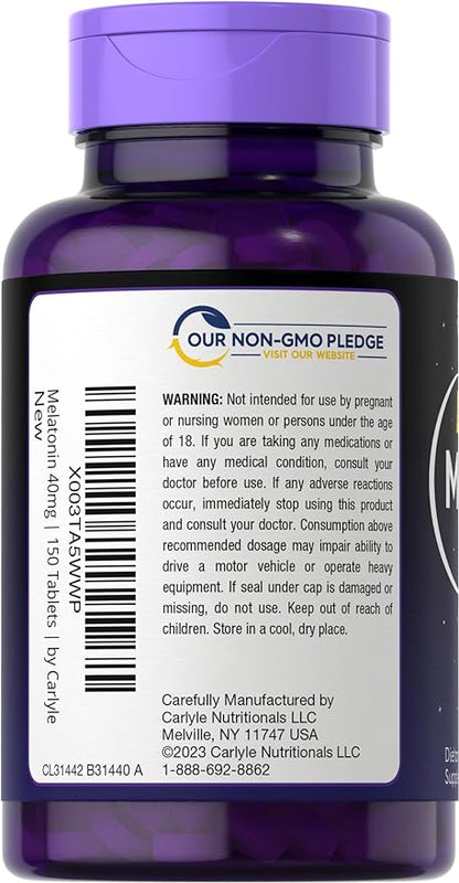 Carlyle Melatonin 40mg Complex | 150 Fast Dissolve Tablets | Extra Strength Support | with Ashwagandha and Chamomile | Vegetarian, Non-GMO, Gluten Free Supplement