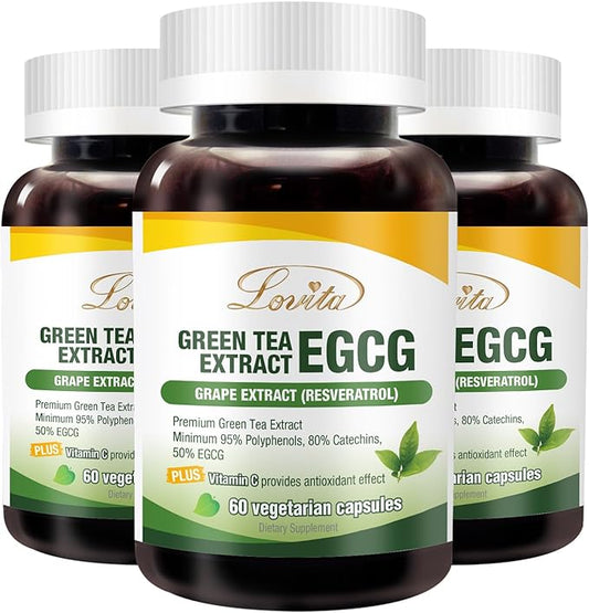 Green Tea Extract 1000mg with Vitamin C & Resveratrol, 3X Powerful Antioxidants, 50% EGCG, 95% Polyphenols, 80% Catechins to Support Metabolism & Detox, 120 Vegetarian Capsules (Pack of 3)