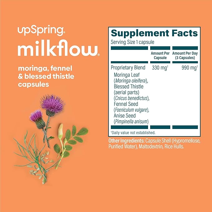 UpSpring Milkflow Breastfeeding Supplement Capsules with Moringa & Blessed Thistle | Fenugreek-Free | Lactation Supplement to Support Breast Milk Supply | 60 Capsules