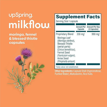 UpSpring Milkflow Breastfeeding Supplement Capsules with Moringa & Blessed Thistle | Fenugreek-Free | Lactation Supplement to Support Breast Milk Supply | 60 Capsules