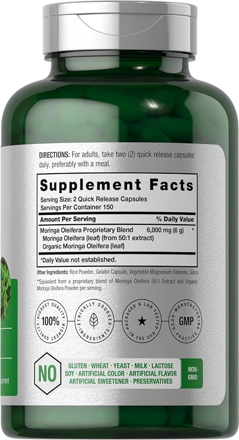 Horbäach Moringa Oleifera | 6000mg | 300 Powder Capsules | Non-GMO and Gluten Free Extract Formula | Complete Green Superfood