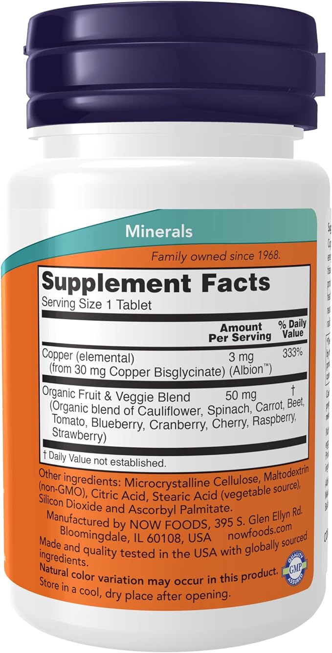 NOW Supplements, Copper Glycinate with 3mg Albion Copper, Promotes Structural Health*, 120 Tablets, Light Gray, Tan