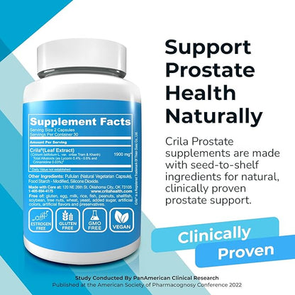 CRILA Prostate Supplements for Men - 60 Ct. I Natural Formula for Fewer Bathroom Trips* & Improved Sleep*, Patented Prostate Support with NO Saw Palmetto Extract & NO Side Effects*